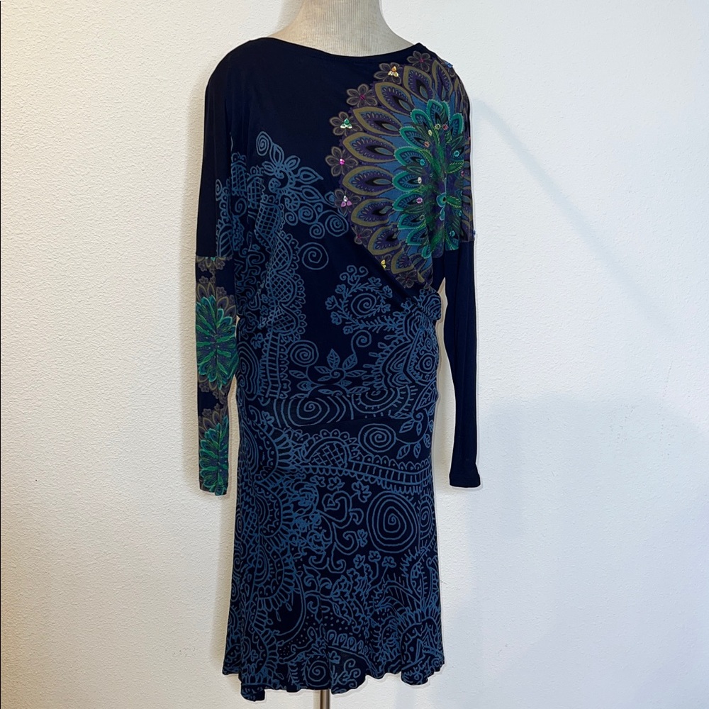 Desigual Long Sleeve Drop Waist Embellished Henna Design Pattern Dress